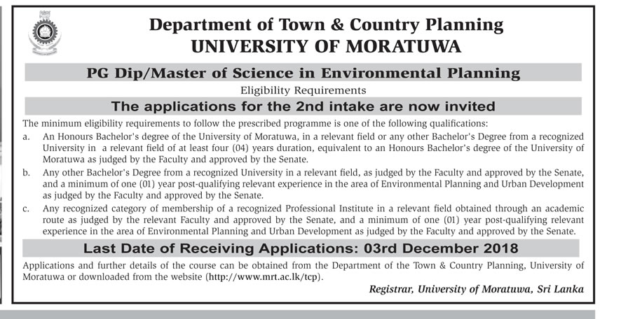 PG Dip / Master of Science in Environmental Planning - Department of Town & Country Planning - University of Kelaniya